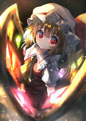 Rule 34 | 1girl, absurdres, ascot, blonde hair, blurry, blurry foreground, breasts, closed mouth, collarbone, collared shirt, crystal, dark background, dfra, flandre scarlet, frilled shirt collar, frills, glowing, glowing wings, hair between eyes, hat, hat ribbon, highres, looking at viewer, medium hair, mob cap, one side up, puffy short sleeves, puffy sleeves, red eyes, red ribbon, red skirt, red vest, ribbon, shirt, short sleeves, skirt, small breasts, smile, solo, touhou, vest, white hat, wings, yellow ascot