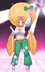 Rule 34 | + +, 1girl, absurdres, afro, alternate hair color, alternate hairstyle, belt, bird wings, blonde hair, blush, bow, breasts, brown belt, cape, cleavage, collared shirt, comb, commentary request, crop top, disco ball, eyewear on head, full body, green bow, green pants, hair bow, heart, highres, large breasts, looking at viewer, low wings, midriff, mind control, navel, open mouth, pants, pointing, pointing up, red eyes, reiuji utsuho, shirt, smile, solo, sparkle, standing, star-shaped eyewear, star (symbol), star print, sunglasses, third eye, tied shirt, touhou, white cape, white shirt, wide sleeves, wings, yellow wings, yuafro
