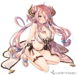 Rule 34 | 10s, 1girl, ahoge, ankle ribbon, ankle strap, bare arms, bikini, blue eyes, breasts, cleavage, closed mouth, double bun, draph, earrings, english text, frilled bikini, frills, full body, glint, granblue fantasy, hair bun, hair ornament, hair over one eye, hairclip, harunoibuki, high heels, holding, holding own hair, horns, jewelry, large breasts, leg ribbon, light purple hair, long hair, narmaya (granblue fantasy), narmaya (summer) (granblue fantasy), one eye covered, pointy ears, purple hair, ribbon, sandals, shade, shoes, side-tie bikini bottom, sideboob, simple background, single earring, smile, solo, stomach, swimsuit, text focus, white background, white bikini, white footwear