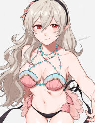 Rule 34 | 1girl, bare arms, bare shoulders, bikini, black hairband, breasts, cleavage, commentary, corrin (female) (fire emblem), corrin (fire emblem), cowboy shot, fire emblem, fire emblem cipher, fire emblem fates, grey background, grey hair, groin, hair between eyes, hairband, highres, large breasts, long hair, looking at viewer, navel, nintendo, official alternate costume, peach11 01, pink bikini, pointy ears, red eyes, shell, shell bikini, simple background, smile, solo, standing, stomach, swimsuit, very long hair