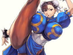 Rule 34 | 1girl, bow, breasts, brown eyes, brown hair, cameltoe, capcom, chun-li, cleavage, cleft of venus, covered erect nipples, curvy, double bun, earrings, female focus, grey background, hair bow, hair bun, huge breasts, jewelry, leg lift, legs, looking at viewer, matching hair/eyes, mogudan, pantyhose, puffy nipples, shiny skin, simple background, solo, standing, standing on one leg, street fighter, thick thighs, thighs, wide hips