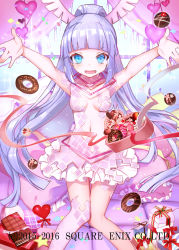 Rule 34 | 1girl, :d, bad id, bad pixiv id, blue eyes, blue hair, blunt bangs, breasts, candy, chocolate, chocolate bar, chocolate heart, curtains, doughnut, feet out of frame, food, gift, hands up, heart, indoors, kaku-san-sei million arthur, knees together feet apart, long hair, looking at viewer, medium breasts, million arthur (series), navel, official art, open mouth, red ribbon, revealing clothes, ribbon, sitting, smile, solo, very long hair, watermark, window, yuuki kira