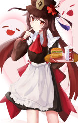 Rule 34 | 1girl, absurdres, alternate costume, apron, ascot, black hair, black nails, bow, bowtie, burger, carrying, commentary, cup, disposable cup, drinking straw, english commentary, finger to mouth, flower, food, frilled apron, frills, genshin impact, ghost, hair between eyes, hat, hat flower, hat ornament, head tilt, highres, hu tao (genshin impact), index finger raised, kfc, long hair, looking at viewer, nail polish, noelle (genshin impact), noelle (kfc) (genshin impact), red eyes, sidelocks, signature, simple background, smile, teca (ryeol), tray, twintails, waitress, white background