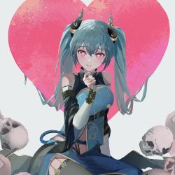 Rule 34 | 1girl, :q, aqua hair, black horns, clothing request, commentary, hair between eyes, hand up, hatsune miku, heart, heart-shaped eyes, highres, horns, long hair, pink eyes, pink heart, sankichi (croquette crab), sitting, skull, solo, symbol-only commentary, tongue, tongue out, twintails, vocaloid, white background, yokozuwari