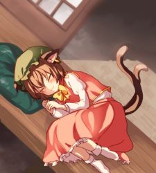 Rule 34 | 1girl, animal ears, brown hair, cat ears, cat tail, chen, closed eyes, earrings, frilled skirt, frills, hat, highres, jewelry, mob cap, multiple tails, nekomata, pillow, red skirt, single earring, skirt, skirt set, sleeping, socks, solo, tail, touhou, two tails, umino (anesthesia)