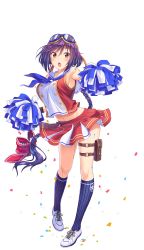 Rule 34 | 1girl, :o, bare shoulders, blue legwear, blue neckwear, braid, breasts, cheerleader, clenched hands, confetti, formation girls, full body, goggles, goggles on head, hachimaki, headband, highres, large breasts, long hair, looking at viewer, midriff, navel, nina pawlenko, official art, pom pom (cheerleading), purple hair, red skirt, sailor collar, simple background, single braid, skirt, sleeveless, solo, tenkuu nozora, transparent background, very long hair