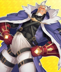 Rule 34 | 1boy, bara, beard, belt, black shirt, blue capelet, blue coat, boots, bulge, capelet, chest belt, coat, covered abs, cum, cum in clothes, dutch angle, energy camdy, erection, erection under clothes, facial hair, fur-trimmed capelet, fur-trimmed coat, fur trim, gloves, glowing, grin, happy, highres, long beard, long sleeves, looking at viewer, male focus, mature male, muscular, muscular male, mustache, old, old man, orange eyes, pants, pectorals, red gloves, shirt, short hair, sideburns, sleeveless, sleeveless coat, smile, solo, standing, steampunk, taiga (world flipper), taut clothes, taut shirt, thick thighs, thighs, v-shaped eyebrows, white hair, white pants, world flipper, wrinkled skin