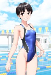 Rule 34 | 1girl, absurdres, black hair, blue one-piece swimsuit, blurry, blurry background, borrowed character, breasts, brown eyes, commentary request, competition swimsuit, covered navel, cowboy shot, grin, groin, highleg, highleg swimsuit, highres, multicolored clothes, multicolored swimsuit, one-piece swimsuit, original, pool, short hair, small breasts, smile, solo, standing, string of flags, swimsuit, takafumi, variant set