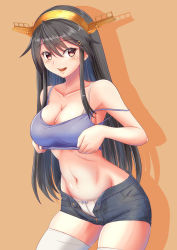 Rule 34 | 1girl, alternate costume, black hair, blush, breasts, brown eyes, hair between eyes, hair ornament, hairclip, haruna (kancolle), kantai collection, large breasts, lifting own clothes, long hair, looking at viewer, moke ro, navel, open mouth, orange background, panties, shadow, shirt, short shorts, shorts, simple background, sleeveless, sleeveless shirt, smile, solo, tank top, thighhighs, underwear, white panties, white thighhighs