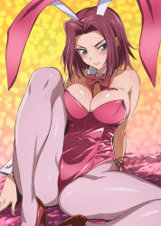 Rule 34 | 1girl, animal ears, bare shoulders, blue eyes, blush, bow, bowtie, breasts, cleavage, code geass, detached collar, fake animal ears, highres, kouzuki kallen, large breasts, leotard, looking at viewer, nakahira guy, official alternate costume, pantyhose, pink bow, pink bowtie, pink pantyhose, playboy bunny, rabbit ears, red hair, short hair, solo, strapless, strapless leotard, wrist cuffs