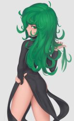 Rule 34 | 1girl, absurdres, alternate hair length, alternate hairstyle, black dress, closed mouth, cowboy shot, curly hair, daniel deves, dress, from behind, green eyes, green hair, grey background, highres, long hair, long sleeves, looking back, matching hair/eyes, one-punch man, simple background, solo, standing, tatsumaki