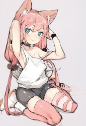 Rule 34 | 1girl, :3, animal ear fluff, animal ears, armpits, asymmetrical legwear, bike shorts, black choker, blue eyes, bright pupils, cat ears, choker, closed mouth, commentary, grey background, hands up, highres, hinata channel, hiranko, long hair, looking at viewer, loose clothes, loose shirt, low twintails, mismatched legwear, nekomiya hinata, off shoulder, pink hair, pink thighhighs, shirt, shoes, simple background, sleeveless, sleeveless shirt, solo, striped clothes, striped thighhighs, thighhighs, twintails, very long hair, virtual youtuber, white footwear, white shirt, wristband