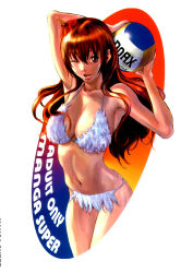Rule 34 | 1girl, armpits, ball, bikini, breasts, brown eyes, brown hair, cleavage, cover, dead or alive, dead or alive xtreme beach volleyball, flower, hair flower, hair ornament, highres, kasumi (doa), large breasts, lipstick, long hair, makeup, navel, nekoi mie, non-web source, one eye closed, solo, swimsuit, tecmo, volleyball, volleyball (object), white bikini, wink