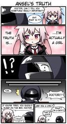 Rule 34 | !?, 1boy, 1other, :o, ?, ^^^, animal ears, ansel (arknights), arknights, black coat, black mask, blush, chibi, coat, collared shirt, commentary, doctor (arknights), dreaming, english commentary, english text, eyes visible through headwear, gloves, highres, hood, hood up, motion lines, necktie, nightmare, open mouth, parted lips, pink hair, pov, purple eyes, rabbit boy, rabbit ears, red necktie, rinzy, shirt, short hair, speech bubble, sweatdrop, waking up, white gloves, white shirt