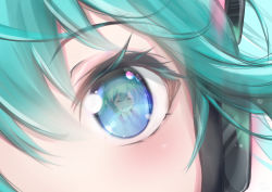 Rule 34 | 1girl, ^ ^, bare shoulders, blue necktie, blush, closed eyes, closed mouth, commentary request, dec madoka, eye focus, eye reflection, green hair, grin, hair between eyes, hair ornament, hatsune miku, highres, necktie, reflection, smile, solo, vocaloid