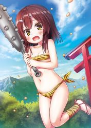 Rule 34 | 1girl, animal print, bad id, bad twitter id, bare shoulders, beans, blue skirt, blush, brown hair, cloud, club (weapon), collarbone, d:, day, fang, flat chest, horns, kanabou, long hair, looking at viewer, mountain, navel, oni horns, open mouth, original, outdoors, sandals, setsubun, skirt, solo, strapless, tears, tiger print, torii, tube top, weapon, yellow eyes, yukino minato