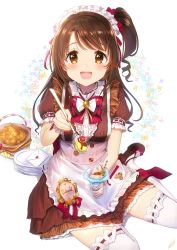 Rule 34 | 1girl, :d, alternate costume, apron, basket, blush, bow, brown footwear, brown skirt, cherry, cookie, enmaided, envelope, food, fruit, full body, highres, idolmaster, idolmaster cinderella girls, idolmaster cinderella girls starlight stage, long hair, looking at viewer, maid, maid apron, omelet tomato, open mouth, parfait, plate, puffy short sleeves, puffy sleeves, shimamura uzuki, short sleeves, side ponytail, sitting, skirt, smile, solo, spoon, thighhighs, thighs, white thighhighs