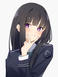 Rule 34 | 1girl, absurdres, anime oekaki13, black hair, blue dress, blush, closed mouth, collared dress, dress, highres, inoue takina, long hair, lycoris recoil, lycoris uniform, pout, purple eyes, sidelocks, simple background, solo, v over mouth, white background