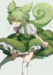 Rule 34 | 1girl, artist request, dress, green dress, green hair, looking at viewer, original, solo, sparkle, tail, thighhighs, white thighhighs
