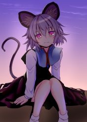 Rule 34 | 1girl, animal ears, capelet, gradient background, grey hair, highres, ishikkoro, long sleeves, looking at viewer, mouse ears, mouse tail, nazrin, pink eyes, shirt, sitting, solo, tail, touhou