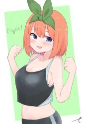Rule 34 | 1girl, :d, bare arms, bare shoulders, black camisole, black pants, blue eyes, blush, breasts, camisole, cleavage, commentary request, crop top, english text, eyebrows hidden by hair, go-toubun no hanayome, green background, green hairband, green ribbon, groin, hair between eyes, hair ribbon, hairband, highres, kujou karasuma, looking at viewer, medium breasts, midriff, nakano yotsuba, navel, open mouth, orange hair, pants, ribbon, signature, smile, solo, sweat, two-tone background, white background
