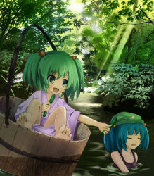 Rule 34 | 2girls, bad id, bad pixiv id, barefoot, blue eyes, bucket, cucumber, feet, female focus, forest, green eyes, green hair, hair bobbles, hair ornament, hat, hidebo, in bucket, in container, kawashiro nitori, kisume, multiple girls, nature, short hair, swimsuit, toes, touhou, twintails, two side up, water