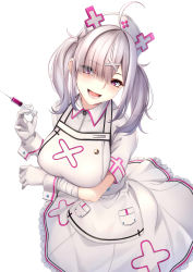 Rule 34 | 1girl, :d, ahoge, apron, arm under breasts, bandaged arm, bandages, breast hold, breasts, collared dress, commentary request, dress, frilled dress, frills, gloves, grey hair, hair ornament, hair over one eye, hat, highres, holding, holding syringe, large breasts, mole, mole under eye, nijisanji, nurse cap, open mouth, puffy short sleeves, puffy sleeves, short sleeves, sidelocks, simple background, smile, solo, sukoya kana, syringe, twintails, virtual youtuber, white apron, white background, white dress, white gloves, white hat, wrist cuffs, x hair ornament, ym (distance819)