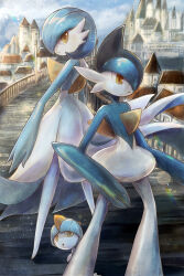 Rule 34 | alternate color, blue hair, blue skin, bob cut, bowl cut, bridge, castle, colored skin, creatures (company), dress, gallade, game freak, gardevoir, gen 3 pokemon, gen 4 pokemon, momomo12, multicolored skin, nintendo, orange eyes, parted lips, pokemon, pokemon (creature), ralts, shiny pokemon, smile, town, two-tone skin, white dress, white skin