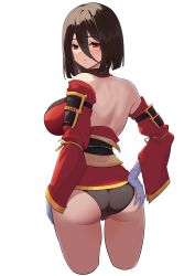 Rule 34 | 1girl, absurdres, ass, bandaged hand, bandages, bare back, black hair, black panties, blush, breasts, cropped legs, detached sleeves, dishui tangni, hair between eyes, hand on own ass, highres, kunoichi kaen, large breasts, last origin, looking at viewer, looking back, no pants, panties, red eyes, shoulder blades, simple background, solo, underwear, white background
