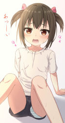 Rule 34 | 1girl, absurdres, arm support, black shorts, blush, brown eyes, brown hair, child, collarbone, commentary request, fang, feet out of frame, gradient background, grey background, hair ribbon, heavy breathing, highres, knees together feet apart, knees up, looking at viewer, open mouth, original, panties, panties under shorts, pink ribbon, ribbon, shadow, shirt, short shorts, short sleeves, shorts, solo, striped clothes, striped panties, takasuma hiro, translated, twintails, underwear, white background, white shirt