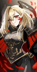 Rule 34 | 1girl, armor, black armor, blonde hair, breastplate, breasts, facial mark, fate/grand order, fate (series), highres, horn/wood, horns, large breasts, long hair, looking at viewer, nero claudius (fate), nero claudius (fate) (all), pointy ears, queen draco (fate), queen draco (third ascension) (fate), red eyes, smile, solo