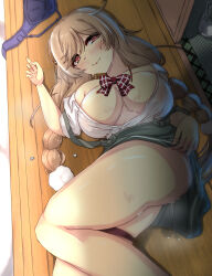Rule 34 | 1girl, absurdres, aftersex, blue bra, bow, bowtie, bra, unworn bra, braid, breasts, cloud hair ornament, cum, cumdrip, green skirt, highres, kantai collection, large breasts, light brown hair, long hair, low twin braids, lying, minegumo (kancolle), miniskirt, on back, partially unbuttoned, plaid, plaid bow, plaid bowtie, pleated skirt, popped button, red bow, red bowtie, red eyes, shigatsu (soratobuusagi), shirt, skirt, solo, suspender skirt, suspenders, twin braids, underwear, white shirt