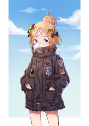 Rule 34 | 1girl, abigail williams (fate), abigail williams (traveling outfit) (fate), absurdres, black bow, black jacket, blonde hair, blue eyes, blue sky, blush, bow, blowing bubbles, chewing gum, cloud, commentary request, day, fate/grand order, fate (series), hair bow, hair bun, hands in pockets, highres, jacket, long sleeves, looking at viewer, official alternate costume, orange bow, parted bangs, shio (shiofeifei), single hair bun, sky, solo, standing