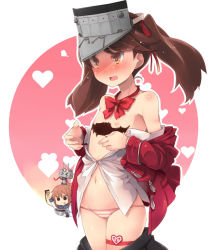 Rule 34 | 10s, 2girls, bare shoulders, blush, brown eyes, brown hair, chocolate, clothes pull, flat chest, hat, heart, inazuma (kancolle), kantai collection, long hair, multiple girls, navel, nipples, open clothes, open mouth, open shirt, panties, personification, plasma-chan (kancolle), rensouhou-chan, ryuujou (kancolle), shin (new), shirt, skirt, skirt pull, striped clothes, striped panties, twintails, underwear, visor cap