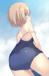 Rule 34 | 1girl, ass, ass focus, blanc (neptunia), blue eyes, brown hair, buran buta, from behind, highres, looking back, neptune (series), one-piece swimsuit, school swimsuit, short hair, solo, swimsuit