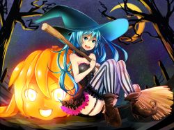 Rule 34 | 1girl, asanome, blue eyes, blue hair, broom, crescent moon, garter straps, halloween, hat, hatsune miku, high heels, highres, jack-o&#039;-lantern, long hair, matching hair/eyes, moon, night, open mouth, sitting, skirt, solo, striped clothes, striped thighhighs, thighhighs, tree, vertical-striped clothes, vertical-striped thighhighs, vocaloid, witch, witch hat