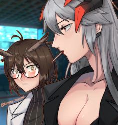 Rule 34 | ahoge, arknights, black jacket, blurry, blurry background, blush, breasts, brown hair, brown sweater, cigarette, cleavage, closed mouth, collarbone, commentary, dragon horns, earclip, english commentary, feather hair, glasses, horns, indoors, jacket, kimmy tsunami, large breasts, long hair, looking at breasts, meme, monitor, orange eyes, profile, saria (arknights), short hair, silence (arknights), silver hair, smoking, striped clothes, striped sweater, sweater, turtleneck, turtleneck sweater, twitter username, upper body, white jacket