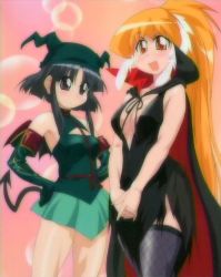 Rule 34 | 2girls, akiyama otome, bare shoulders, black hair, breasts, cape, cleavage, cosplay, demon tail, elbow gloves, expressionless, fang, feathers, fishnets, gloves, hands on own hips, hat, large breasts, long hair, looking at viewer, miniskirt, multiple girls, orange hair, pani poni dash!, ponytail, screencap, shiratori suzune, short hair, skirt, smile, tail, thighhighs, v arms, very long hair