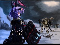 Rule 34 | 1girl, animal ears, assault rifle, astronaut, battle, bullpup, capcom, extra, female focus, from behind, gun, inaba mob (touhou), letterboxed, looking back, lost planet, lost planet 2, lying, machine gun, mask, mecha, night, night sky, north abyssor, on stomach, pink eyes, purple hair, rabbit ears, reisen udongein inaba, rifle, robot, short hair, sky, solo, touhou, weapon