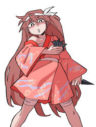 Rule 34 | 1girl, absurdres, bandaged leg, bandages, bright pupils, brown eyes, brown hair, commentary, commission, eddybird55555, english commentary, feet out of frame, floral print, hairband, highres, holding, holding weapon, japanese clothes, kimono, kunai, long hair, looking at viewer, ninja, original, pink kimono, shuriken, simple background, solo, standing, weapon, white background, white hairband, white pupils