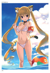 Rule 34 | 1girl, absurdres, animal ears, arm behind back, ball, bare shoulders, beachball, bell, bikini, blonde hair, blue sky, blush, body blush, breasts, cat ears, cat tail, chestnut mouth, choker, cleavage, cloud, collarbone, cowboy shot, day, frilled bikini, frills, gluteal fold, highres, horizon, inflatable armbands, jingle bell, kotora (toranoana), long hair, looking at viewer, medium breasts, mutsumi masato, navel, ocean, open mouth, page number, purple eyes, scan, sky, solo, stomach, summer, swimsuit, tail, tiger ears, tiger tail, toranoana, twintails, very long hair, wading, water, water drop, wet, wet hair