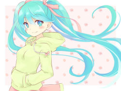 Rule 34 | 1girl, hair ribbon, hands in pockets, hatsune miku, long hair, looking at viewer, natsu (natume0504), ribbon, smile, solo, twintails, very long hair, vocaloid