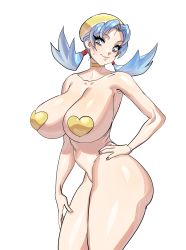 Rule 34 | 1girl, ass, blue hair, breasts, choker, creatures (company), curvy, deep skin, game freak, heart pasties, highres, huge ass, huge breasts, kris (pokemon), lips, long hair, looking at viewer, maniacpaint, navel, nintendo, pasties, pokemon, pokemon gsc, sagging breasts, simple background, solo, thick thighs, thighs, white background, wide hips