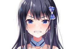 Rule 34 | 1girl, black hair, blue bow, blush, bow, clenched teeth, close-up, collar, collarbone, cygames, detached collar, flying sweatdrops, frown, hair bow, highres, idoly pride, long hair, looking ahead, looking at viewer, nagase kotono, nervous sweating, official art, purple eyes, sweat, teeth, transparent background, very sweaty