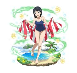 Rule 34 | 1girl, :d, barefoot, black eyes, black hair, blue one-piece swimsuit, blunt bangs, breasts, cleavage, collarbone, competition school swimsuit, faux figurine, flower, full body, hair ornament, hairclip, head tilt, hibiscus, holding, kirigaya suguha, large breasts, leaning forward, leg up, looking at viewer, official art, one-piece swimsuit, open mouth, palm tree, school swimsuit, short hair, simple background, smile, solo, standing, standing on one leg, striped, swimsuit, sword art online, sword art online: code register, tree, white background, yellow flower