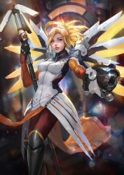 Rule 34 | 1girl, blonde hair, boots, breasts, cglas, gloves, gun, halo, high ponytail, mechanical halo, mechanical wings, medium breasts, mercy (overwatch), overwatch, overwatch 1, pantyhose, purple eyes, solo, spread wings, staff, swiss flag, weapon, wings, yellow wings