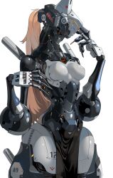 Rule 34 | absurdres, blonde hair, breasts, clothed robot, commentary request, hands up, highres, humanoid robot, machinery, mecha, medium breasts, no humans, original, pelvic curtain, ponytail, robot, science fiction, simple background, standing, white background, yellow eyes, yunimaru