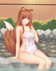 Rule 34 | 1girl, absurdres, animal ear fluff, animal ears, bad id, bad pixiv id, blush, breasts, brown hair, fang, highres, holo, keshigomu, long hair, looking at viewer, medium breasts, nude, onsen, open mouth, red eyes, sitting, solo, spice and wolf, tail, towel, water, wolf ears, wolf tail