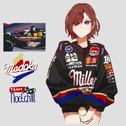 Rule 34 | 1girl, absurdres, brown hair, formula racer, grey background, hair ornament, hairclip, hairpin, highres, higuchi madoka, holeecrab, idolmaster, idolmaster shiny colors, indycar, marlboro, mole, mole under eye, noctchill (idolmaster), own hands together, photo-referenced, purple eyes, racecar, racing suit, short hair, simple background, solo, swept bangs