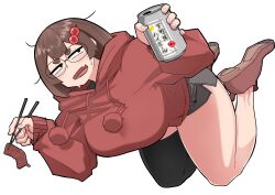 Rule 34 | 1girl, :o, absurdres, alcohol, asha, beer, black eyes, breasts, brown footwear, can, chopsticks, food, freckles, full body, glasses, grey shorts, hair bobbles, hair ornament, highres, holding, holding can, holding chopsticks, hood, hoodie, jimiko, large breasts, looking at viewer, meat, original, plump, short shorts, shorts, simple background, solo, thick eyebrows, thick thighs, thighs, white background